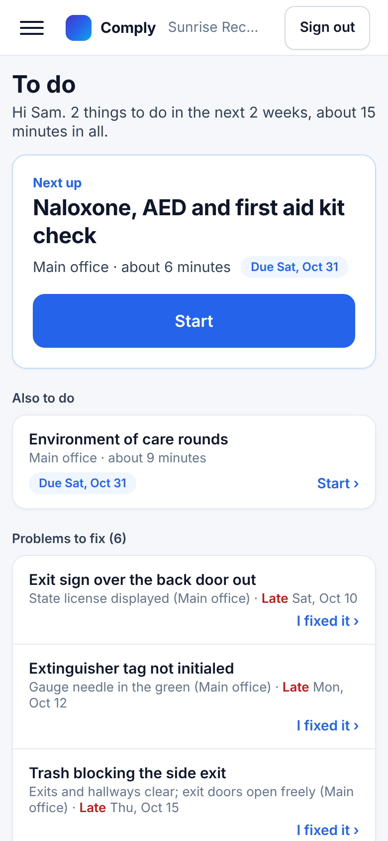 A staff member's To do list in Comply on a phone: the next check, and the problems they need to fix