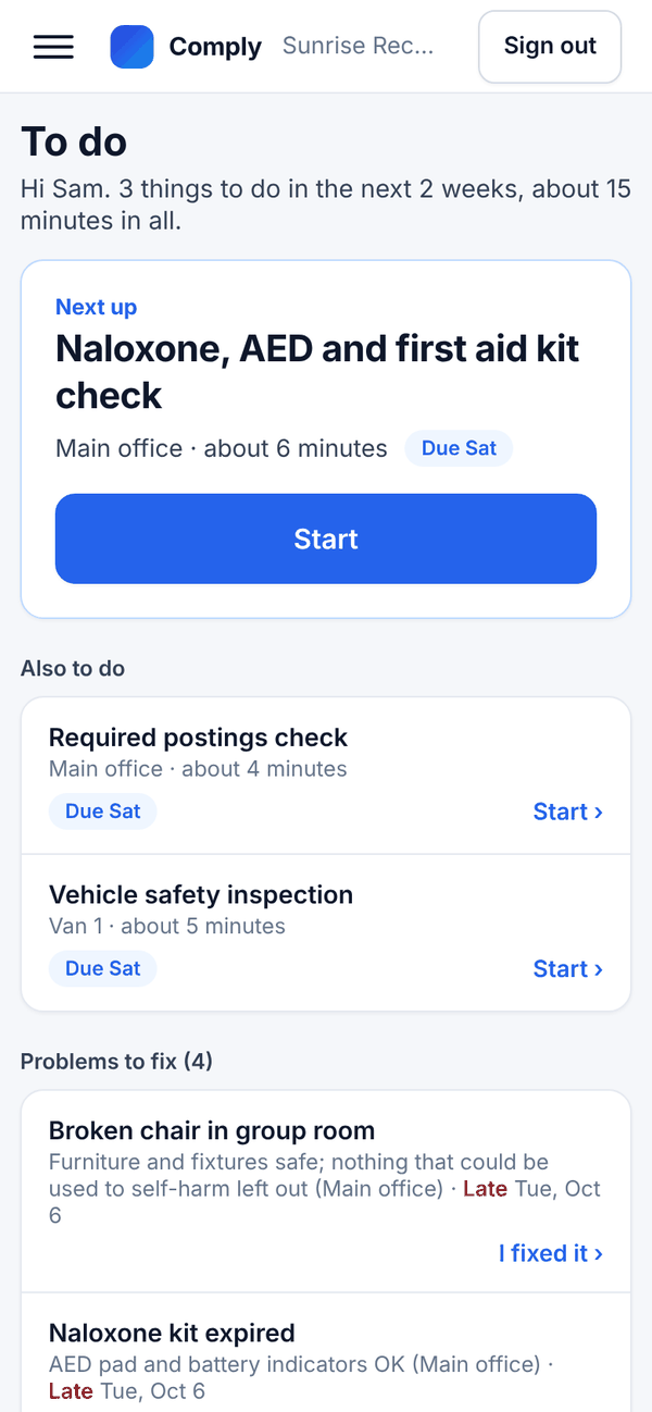 A staff member's To do on a phone: the next check, the others due, and problems to fix