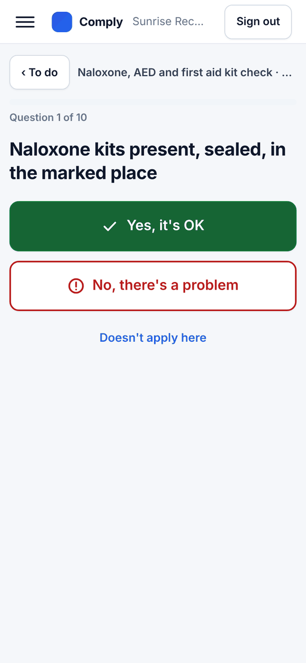 A safety check on a phone, one question with Yes, No and N/A buttons