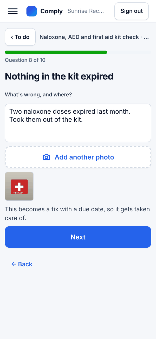 A failed item on a phone with a short note and a photo attached