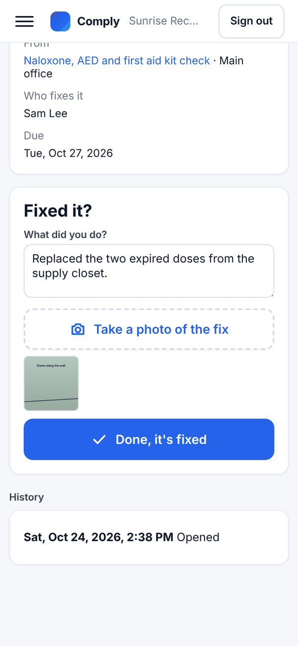 A fix on a phone: what was done and a photo of the fix, with a Done, it's fixed button
